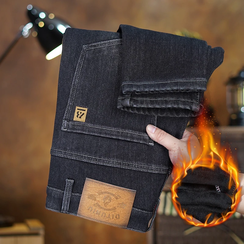 冬季新款加绒加厚弹力牛仔裤男潮流修身小直筒百搭长裤男牛仔裤男