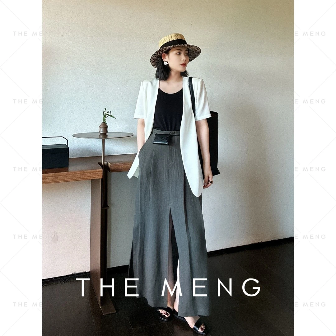 THE MENG【麻感】100亚麻气质纯色减龄开叉显瘦半身裙#M242Q0027