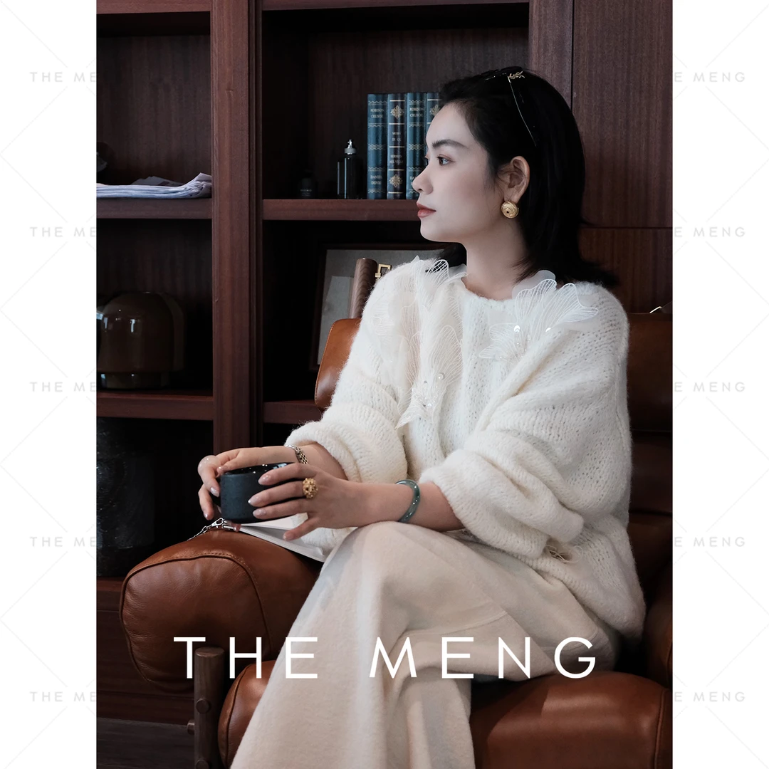 THE MENG【花语】阿尔巴卡羊驼毛绵羊毛纱刺绣毛针织衫#M244E0147