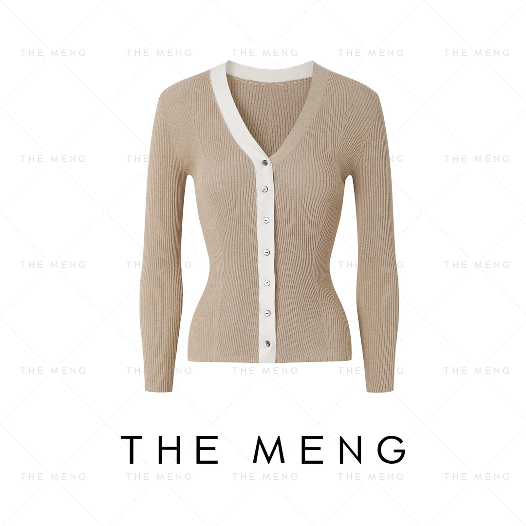 THE MENG【木语】拼接撞色自然亲肤透气针织V领开衫#M241E030