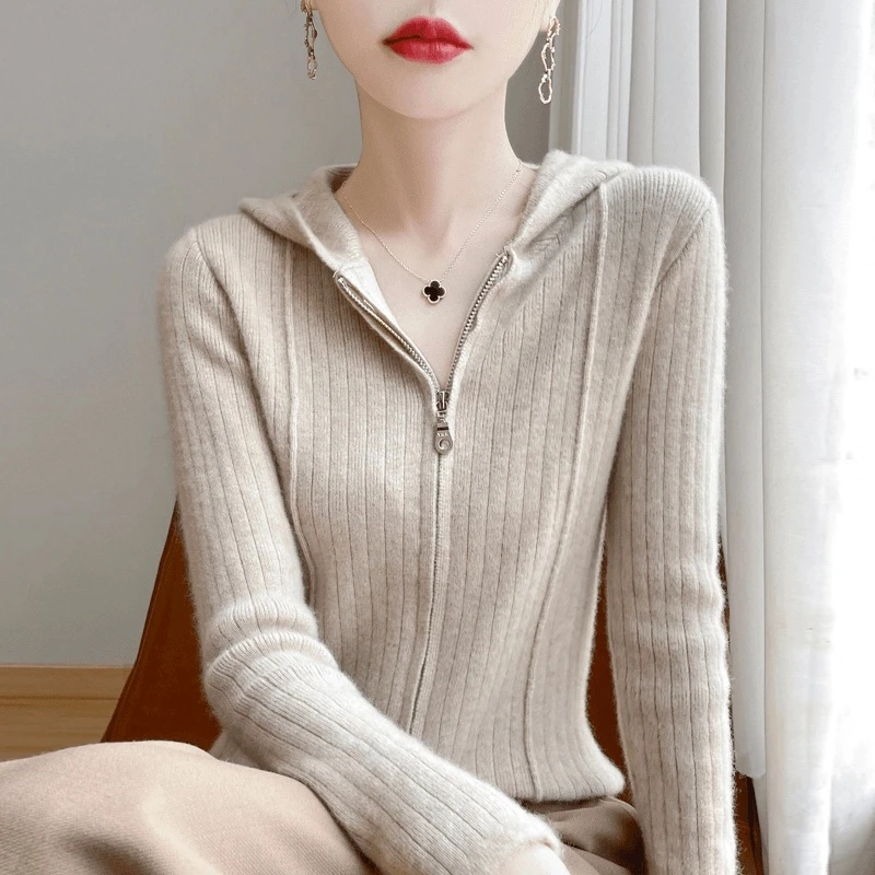 100%纯羊毛连帽拉链开衫女24秋冬新款修身毛衣外搭针织衫外套