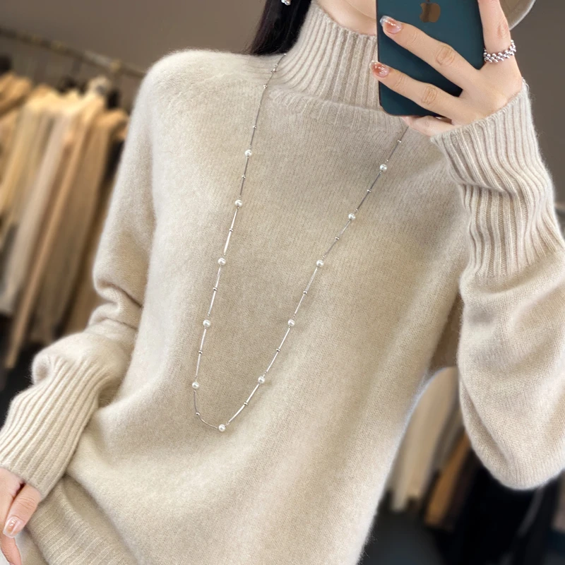 双股加厚100纯羊毛打底衫女2023新款秋冬半高领针织内搭宽松毛衣