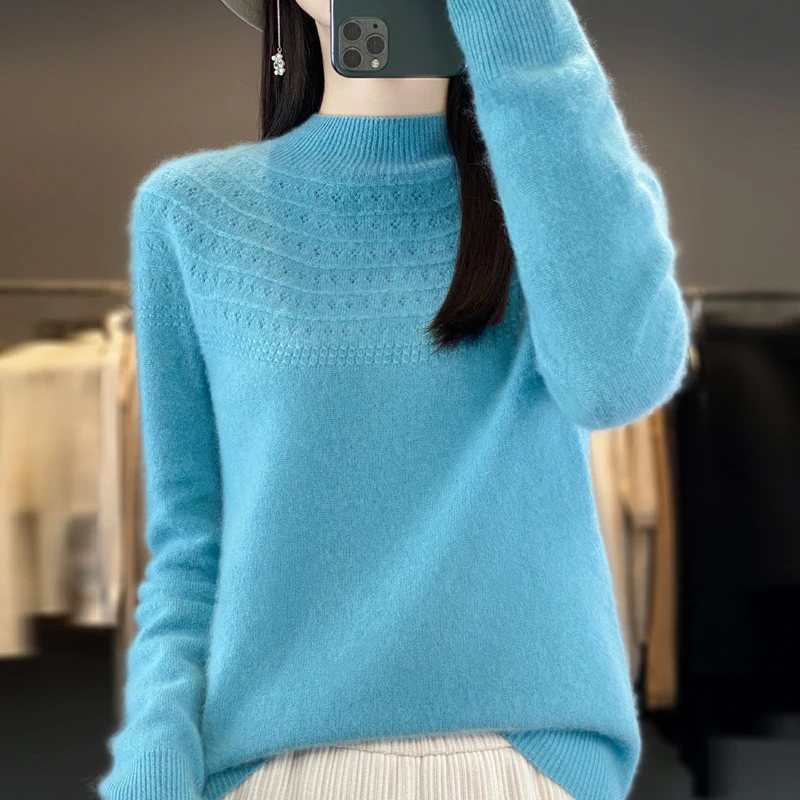 100%纯羊毛衫女针织打底衫半高领2024年秋冬季新款外搭保暖毛衣女