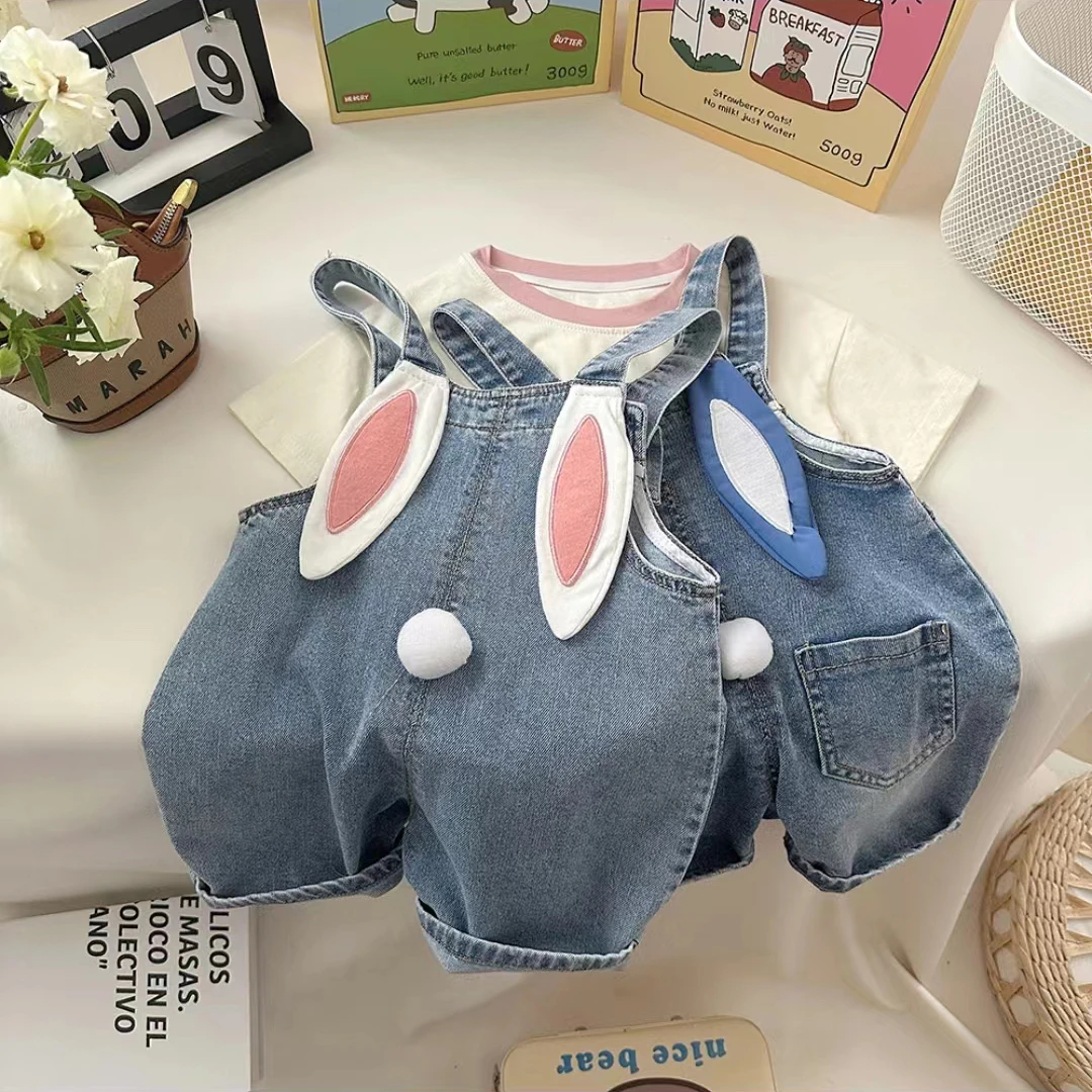 儿童牛仔背带裤宝宝春季夏季韩版小童兔耳朵背带裤女童时尚连体裤