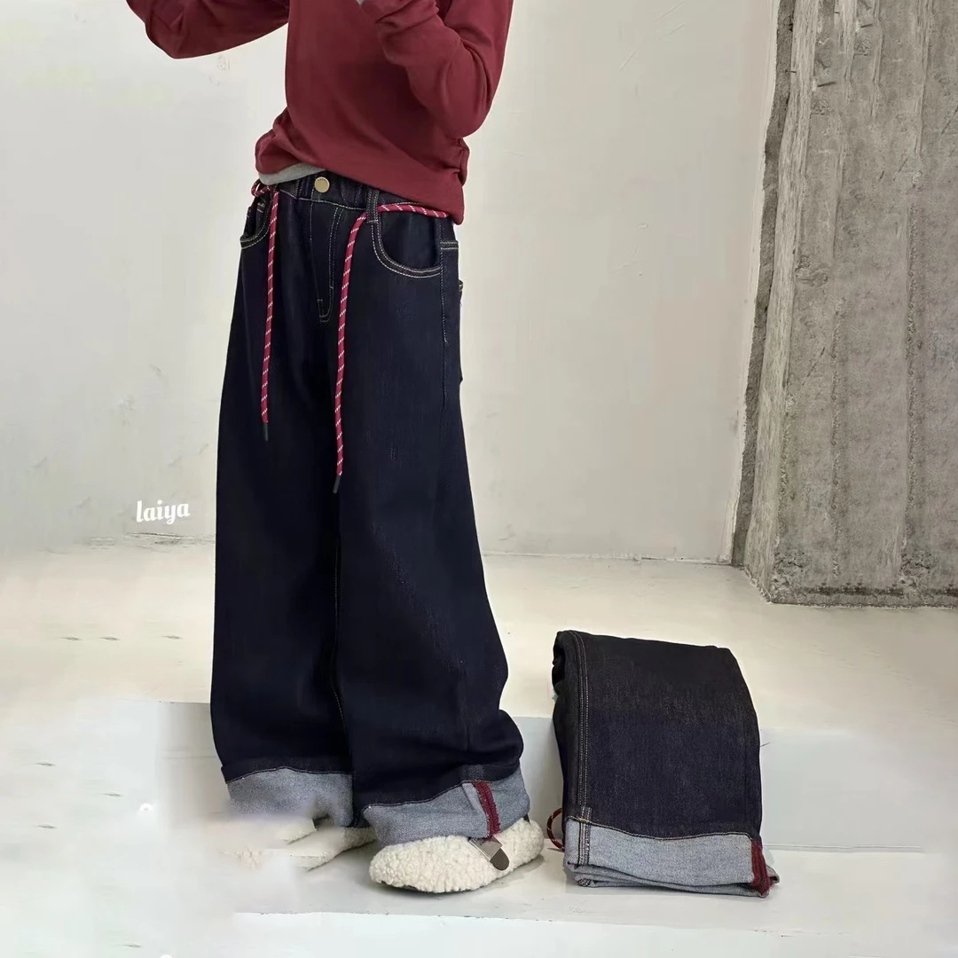 女童加绒牛仔裤儿童高腰直筒休闲百搭复古宽松水洗显瘦时尚韩版