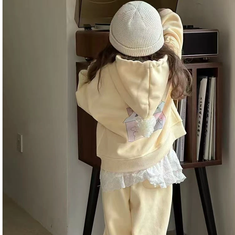 【现货】24新款秋冬一体绒套装卡通连帽开衫卫衣外套宝宝两件套