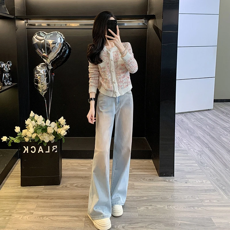 欧货重工毛衣女秋冬季新款慵懒时尚针织衫上衣高腰渐变直筒牛仔裤