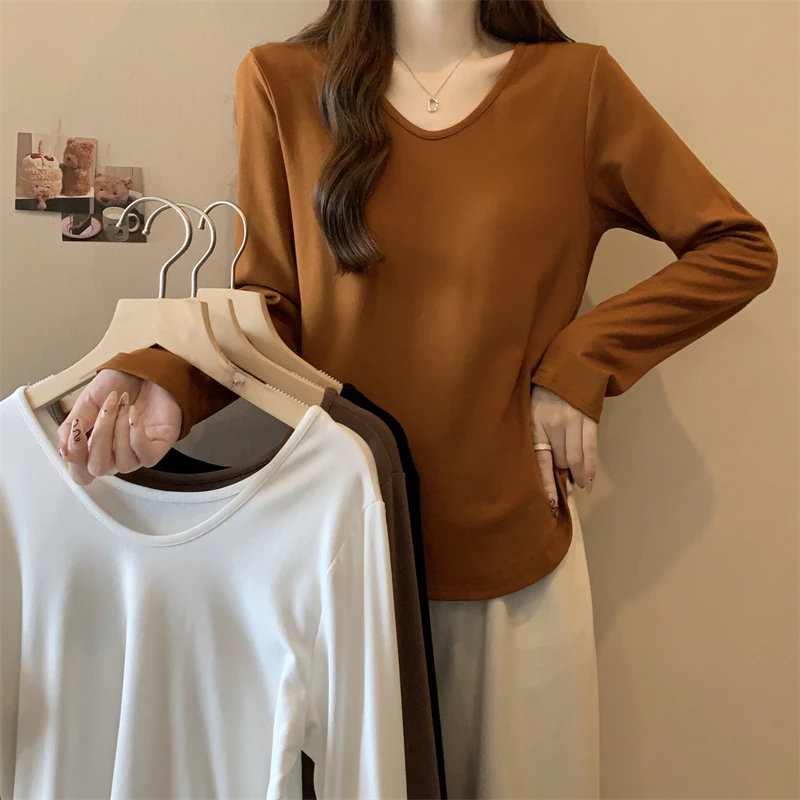 实拍大码女装2023秋季新款纯色收腰设计感加绒加厚长袖上衣