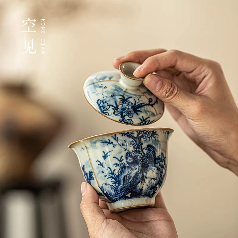 汝窑三才盖碗茶杯单个高档不烫手高端防烫青花瓷泡茶杯茶具套装