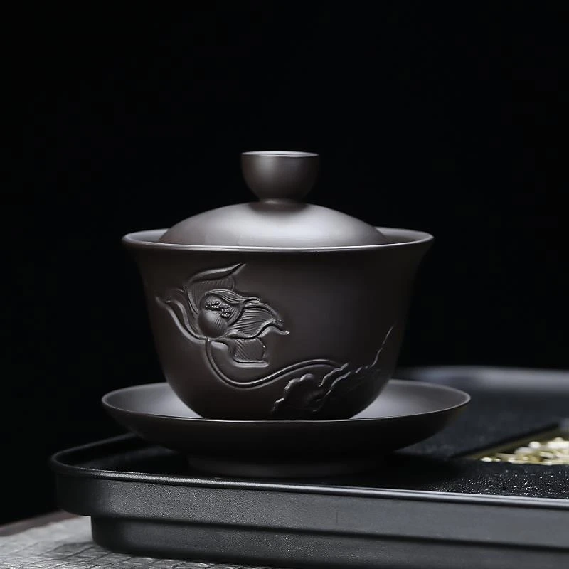 浮雕紫砂盖碗原矿莲香三才碗黑泥敬茶碗大容量泡茶器纯色中式家用