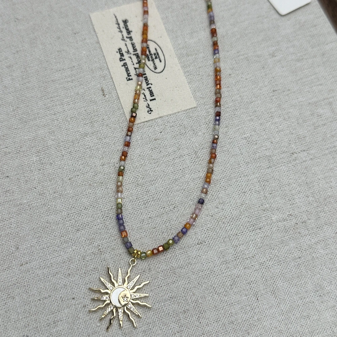 钛钢仿水晶项链 2359手工气质百搭小众黄色彩色清新金太阳