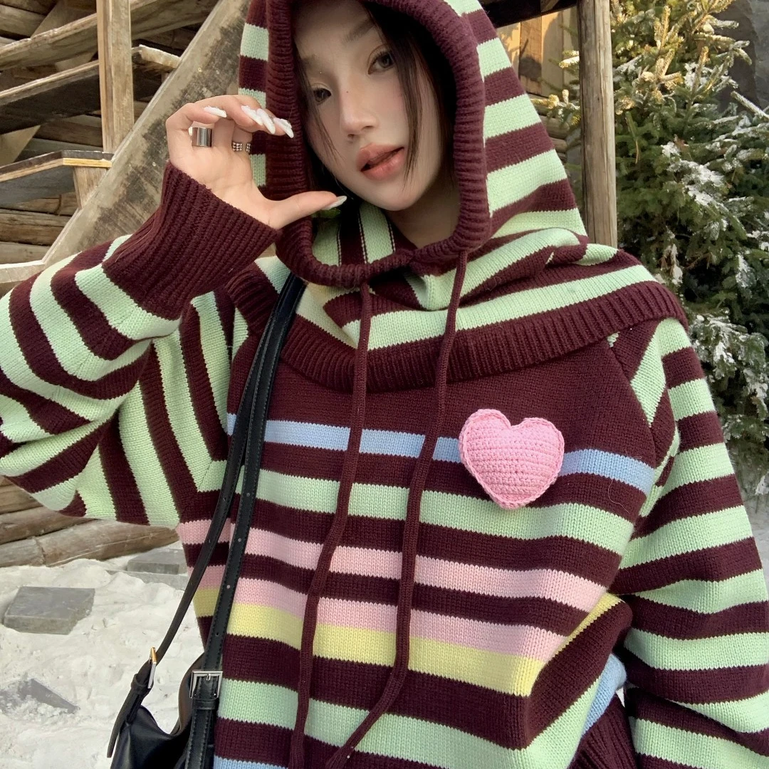 设计师品牌YANGHAIYANG 24AW新款爱心钩织赠帽条纹毛衣