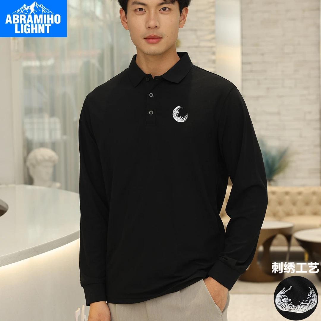 刺绣长袖POLO衫男月亮日系袖翻领T恤青中年宽松男女休闲保罗衫潮