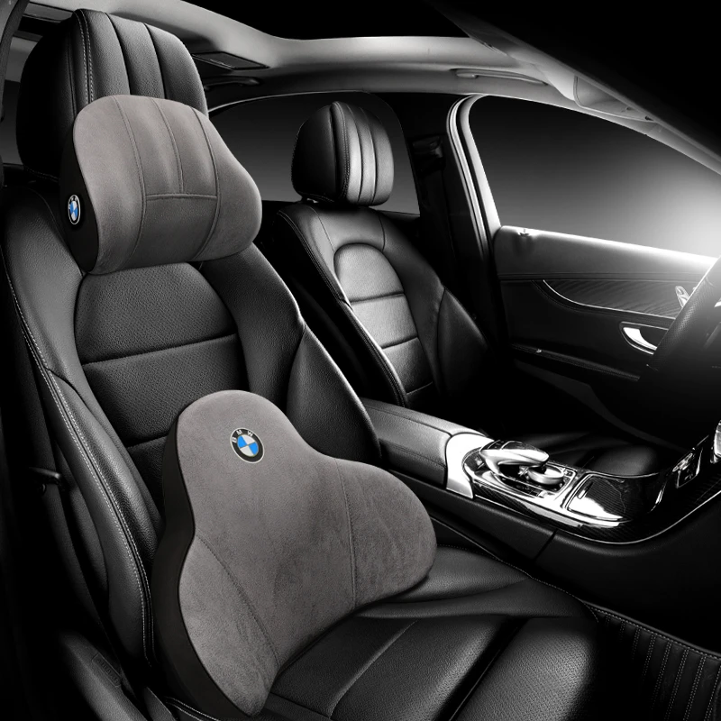 宝马汽车专用座椅头枕腰靠记忆棉带车标四季通用糜皮绒靠枕头枕