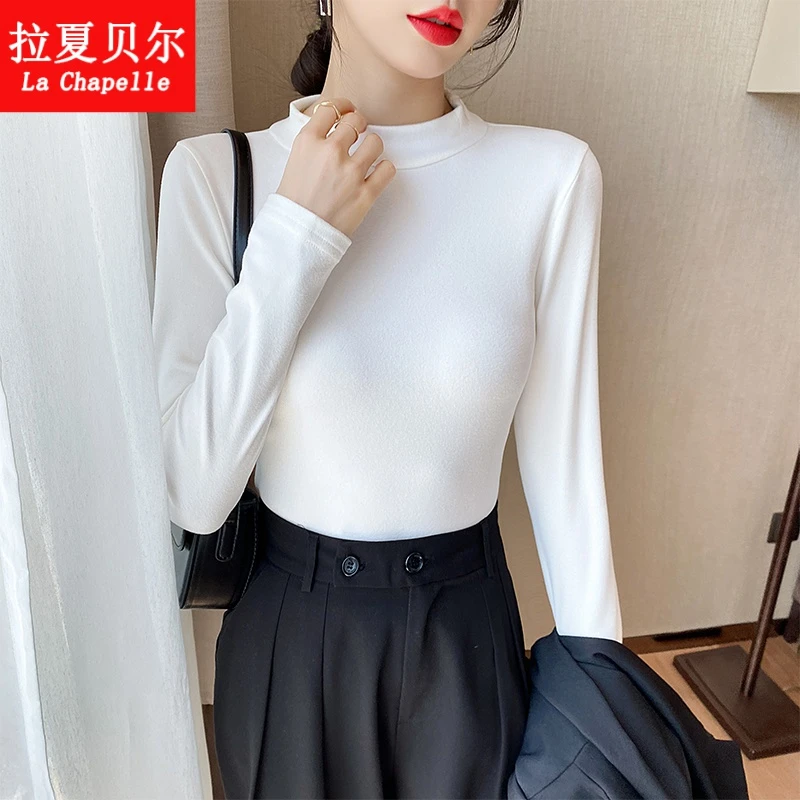 拉夏贝尔自拍-秋冬半高领德绒打底衫韩版修身显瘦内搭长袖上衣