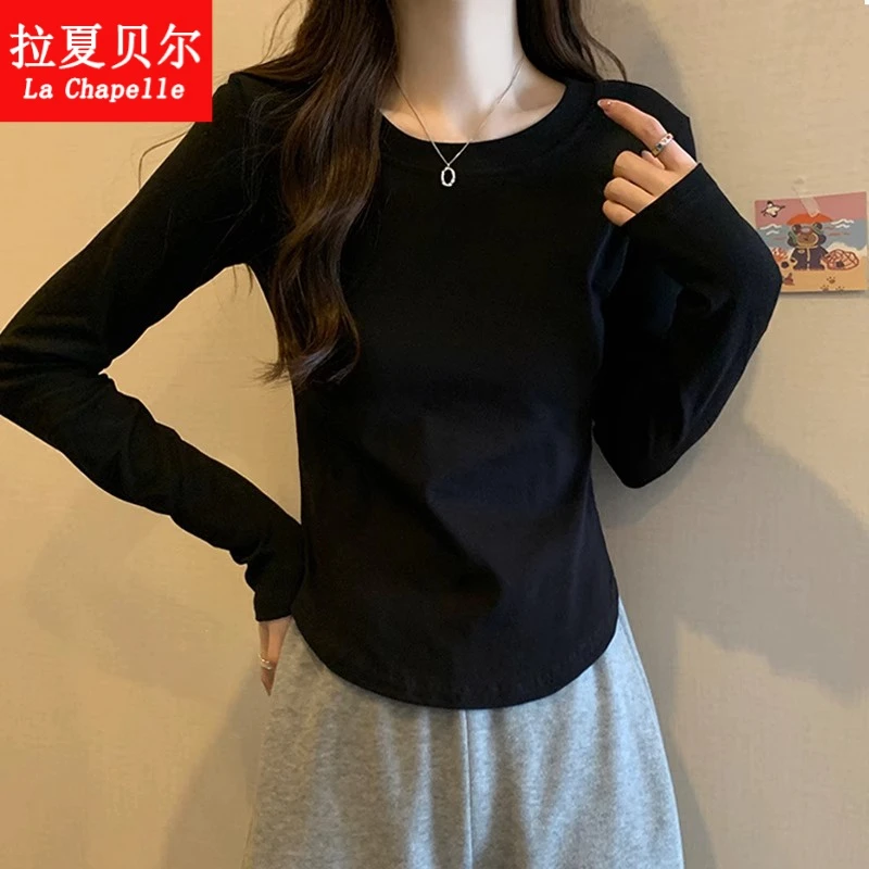 拉夏贝尔长袖T恤女打底衫春秋纯色冬季内搭修身纯棉上衣内搭t恤