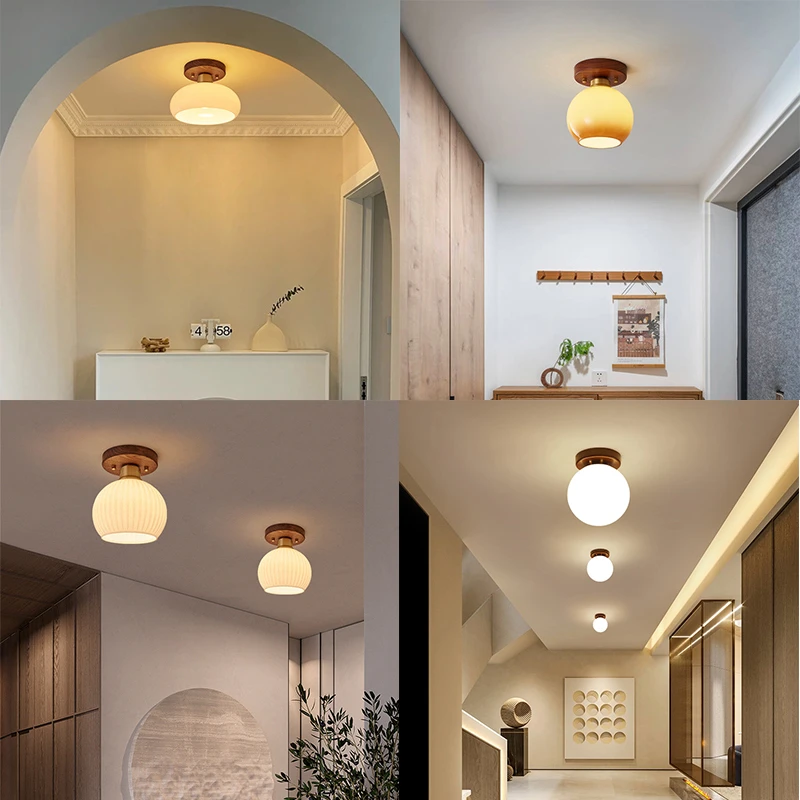 走廊灯过道灯轻奢胡桃木色中古风吸顶灯复古侘寂风入户玄关阳台灯