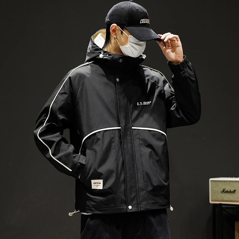 蝈蝈大码防风外套男春秋季潮牌加肥工装连帽夹克款