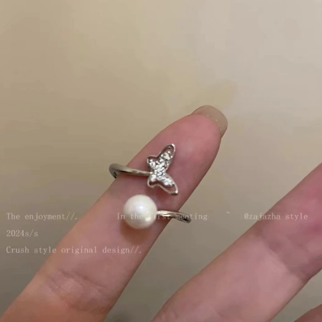 铜合金戒指 蝴蝶珠珠开口戒指女闺蜜食指戒轻奢高级感指环P080