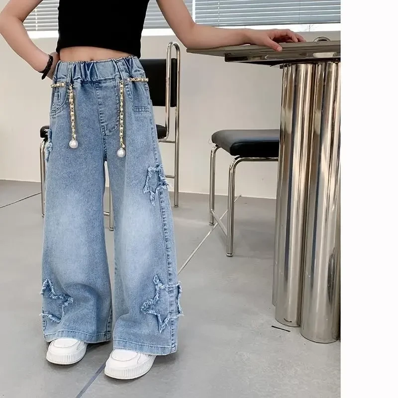 女童牛仔阔腿裤春秋款2025新款小童韩版宽松毛边秋季洋气女宝裤子