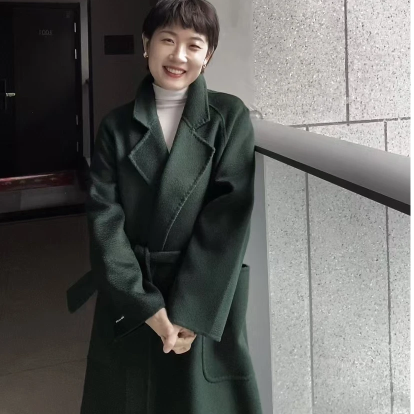 【小乖专属】水波纹双面羊毛大衣女中长款收腰修身毛呢外套