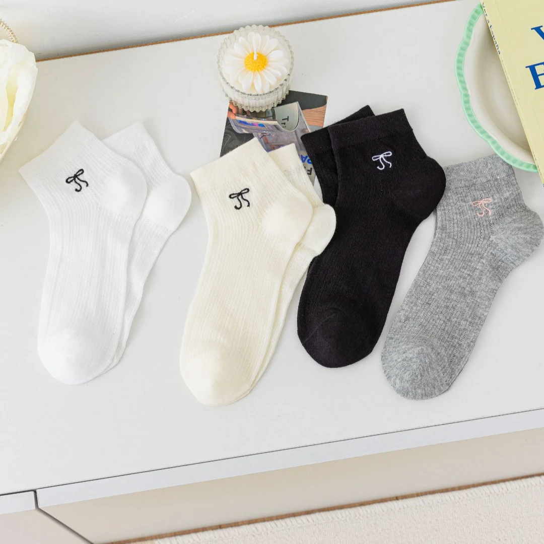 春秋薄款袜子蝴蝶结夏天网眼透气短袜日系百搭镂空白色袜子茜凯熊