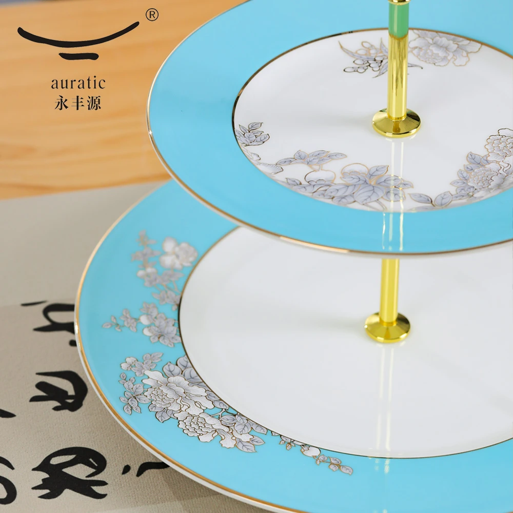 永丰源水墨牡丹2头蛋糕具双层点心盘高档描金