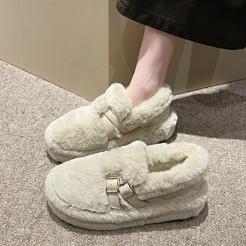 红蜻蜓牌冬天毛毛鞋女外穿2023年新款百搭厚底一脚蹬豆豆鞋网红加