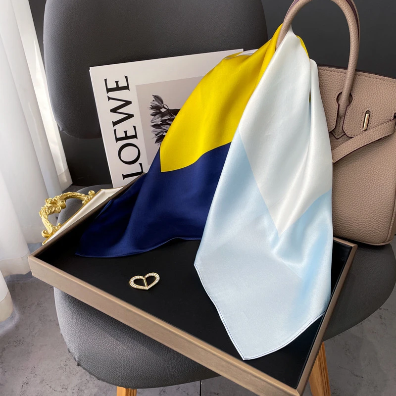 【黄蓝格】70cm简约真丝方巾真丝围巾几何图形时尚领巾