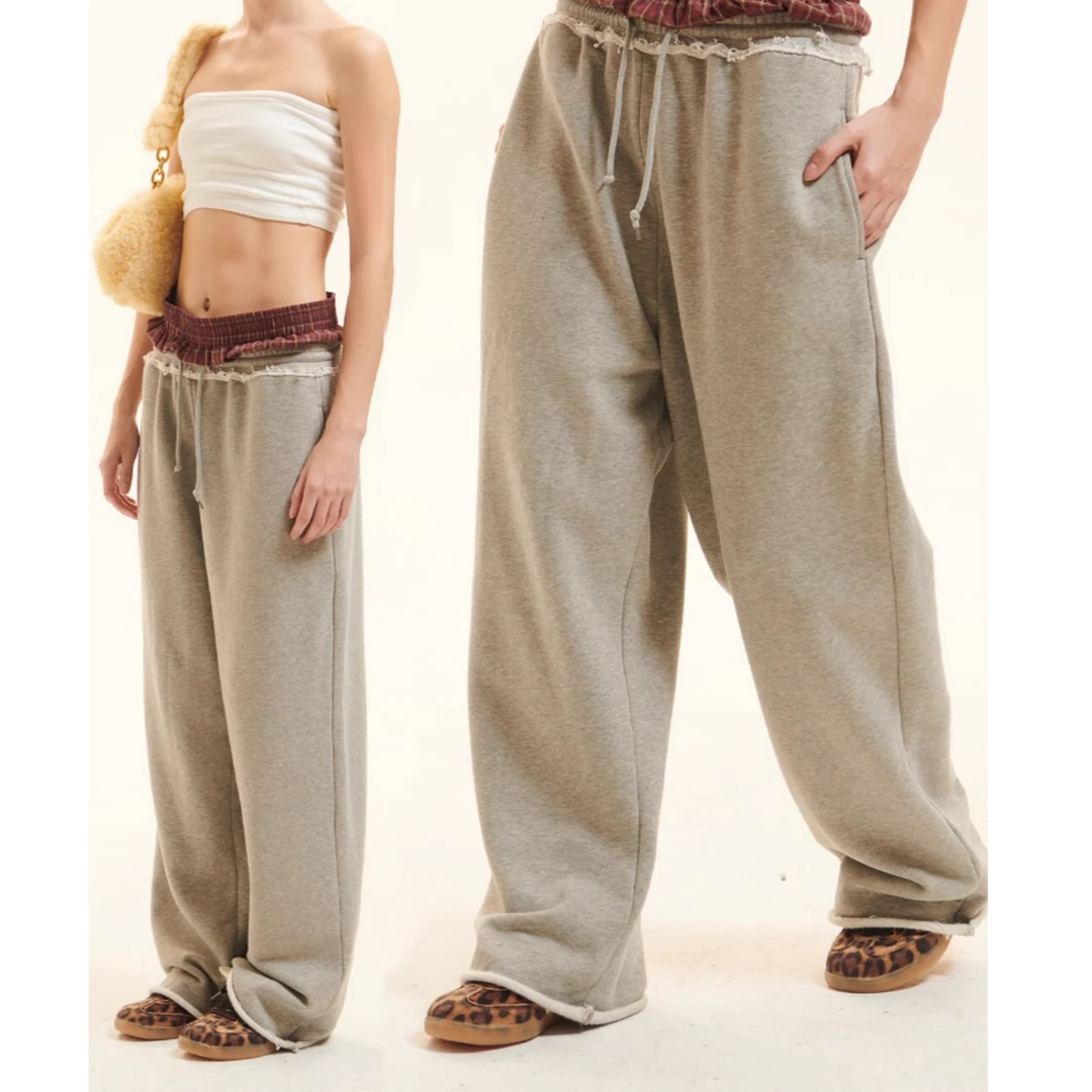 Cozydoll纯棉美式复古亲肤舒适软糯格纹双腰卷边破坏高腰女裤卫裤