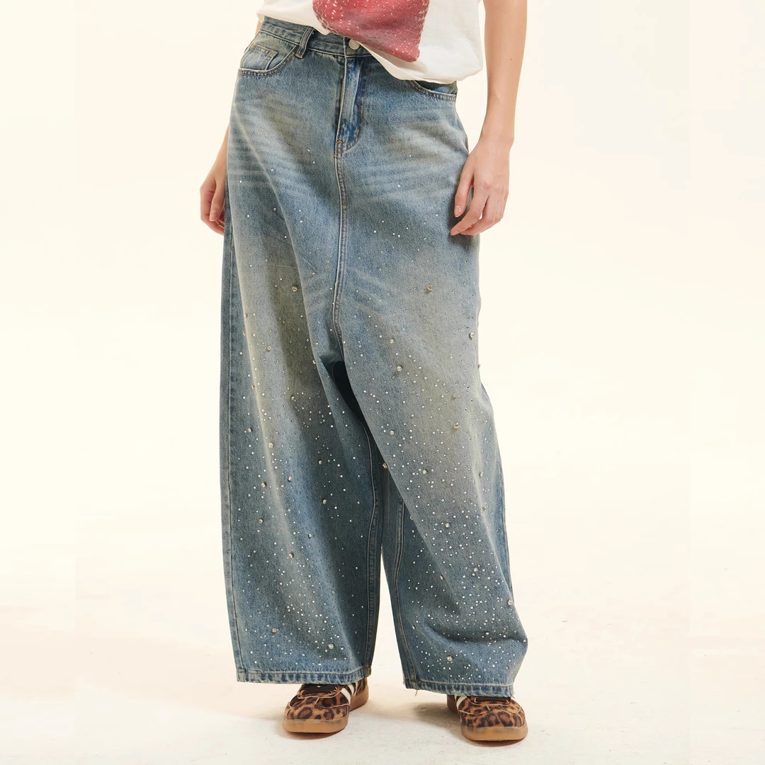 Cozydoll星空手工烫水钻超低裆裤全棉高腰水洗复古直筒阔腿牛仔裤