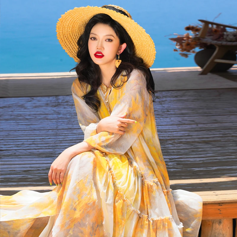 雪纺大摆海边度假连衣裙女夏黄色碎花显瘦三亚沙滩裙超仙长裙6817