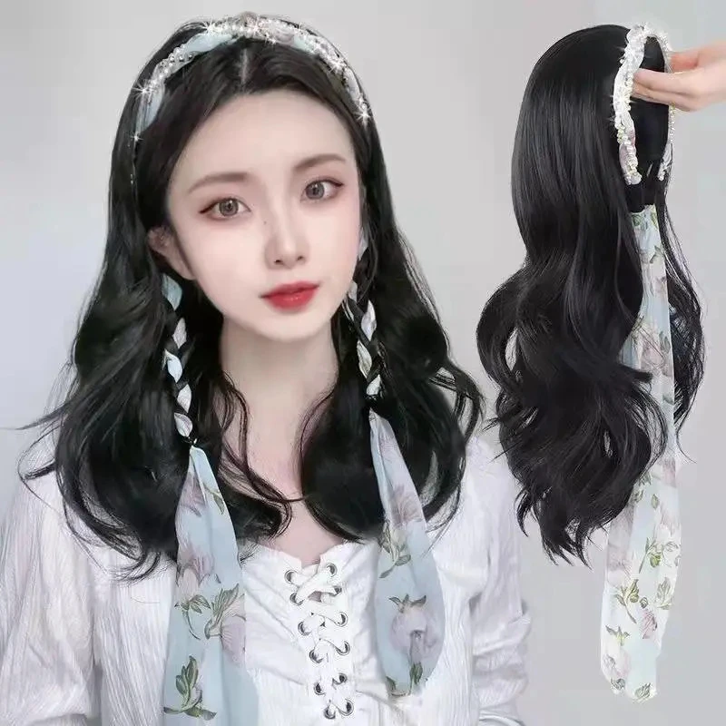 【主播推荐】假发女碎花飘带发箍卷发大波浪u型半头套一体一片式