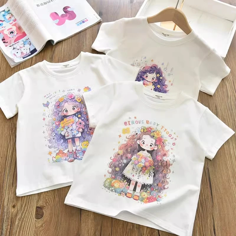 【100%纯棉】女童短袖T恤2025时髦女孩圆领短袖T恤女宝宝百搭上衣潮