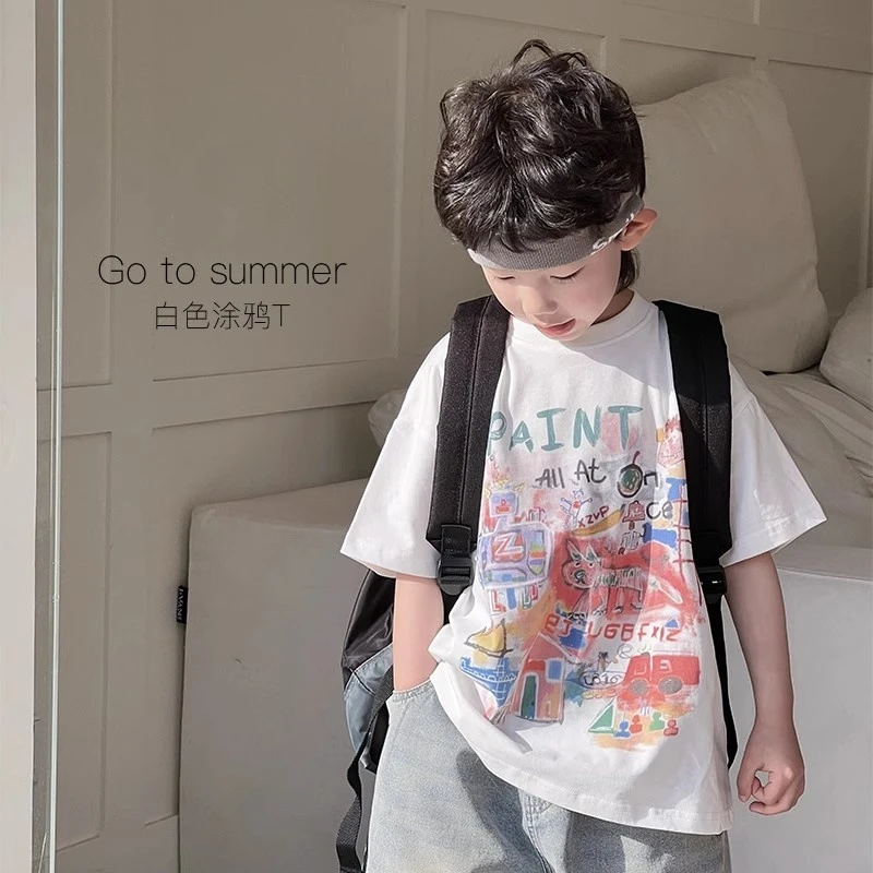 【100%纯棉】儿童夏装卡通涂鸦T恤2025男童印花短袖上衣中大童潮t恤