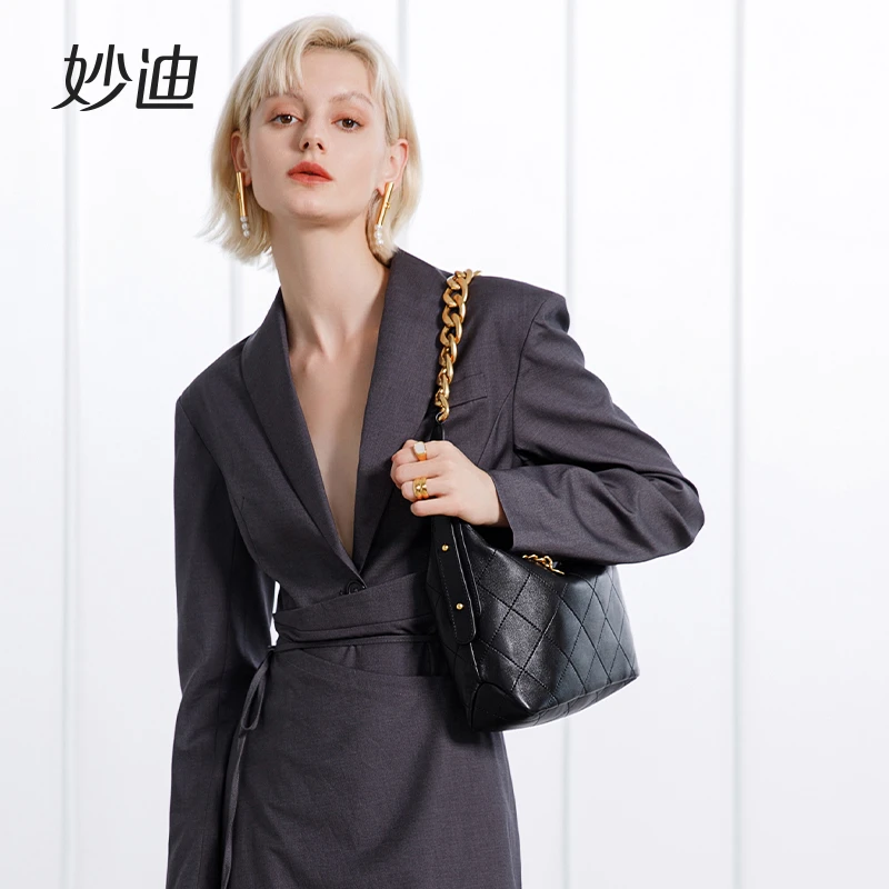 mood/妙迪羊皮黑金腋下包小众真皮菱格链条包8968