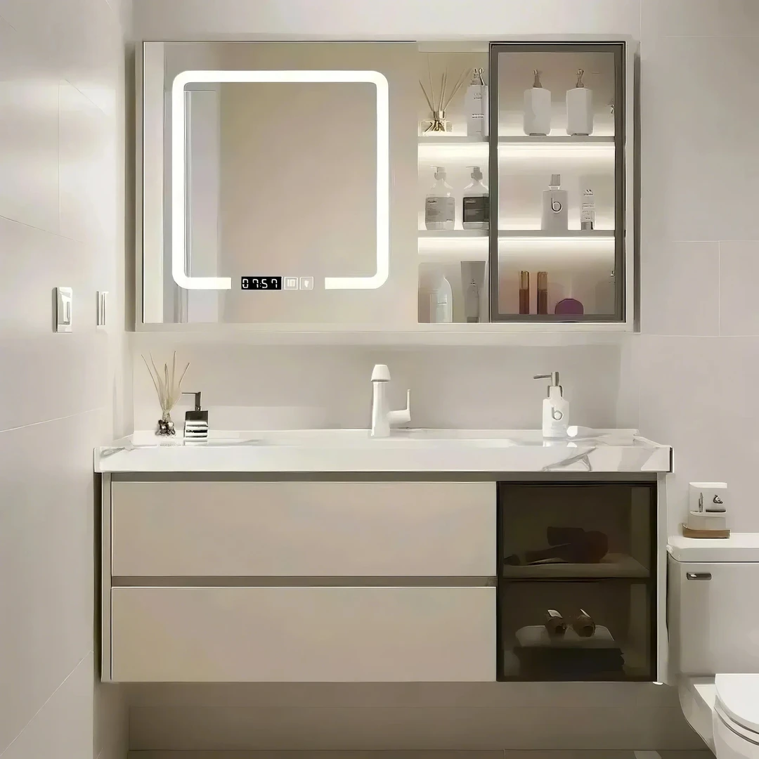 【岩板无缝】奶油风浴室柜洗脸柜组合洗手池卫生间洗漱台面