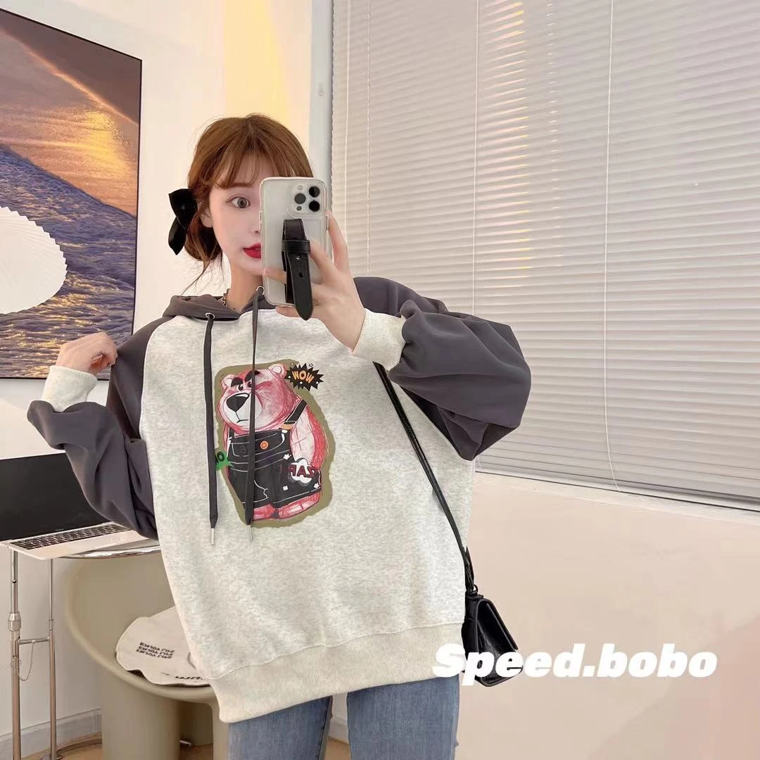 【嘻嘻家】春季新款草莓熊连帽卫衣T恤休闲百搭韩版减龄款女22004