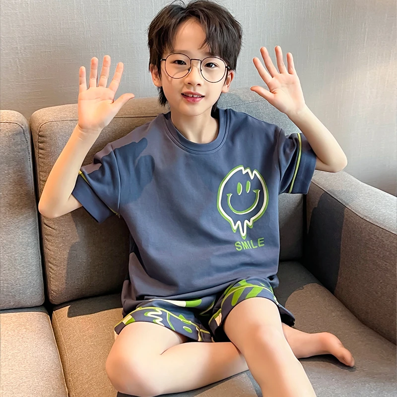 新款100%全棉儿童睡衣男童夏季纯棉短袖大童小男孩卡通空调家居服