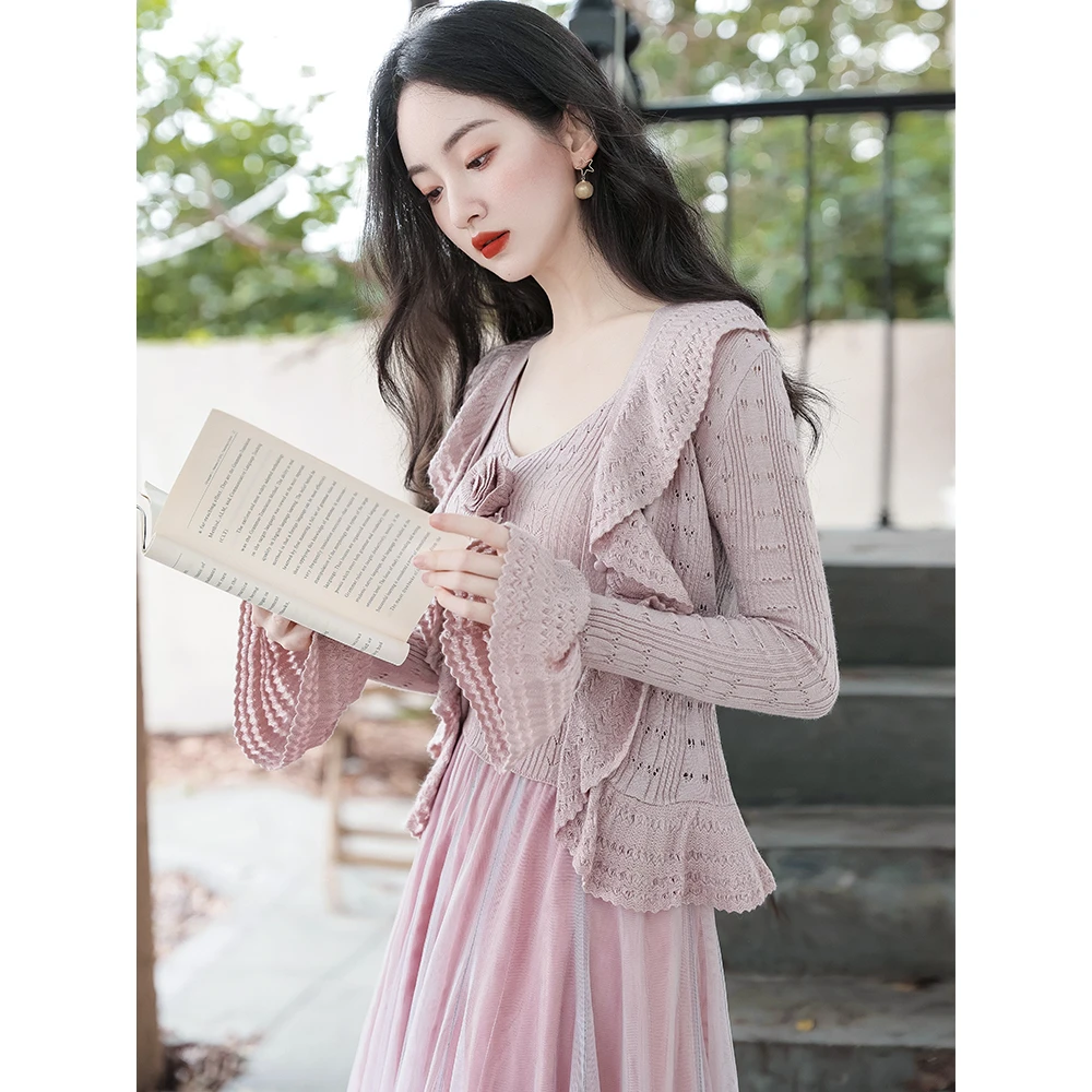 秋季女装复古法式浪漫紫色显瘦连衣裙配开衫温柔高级感茶歇长裙