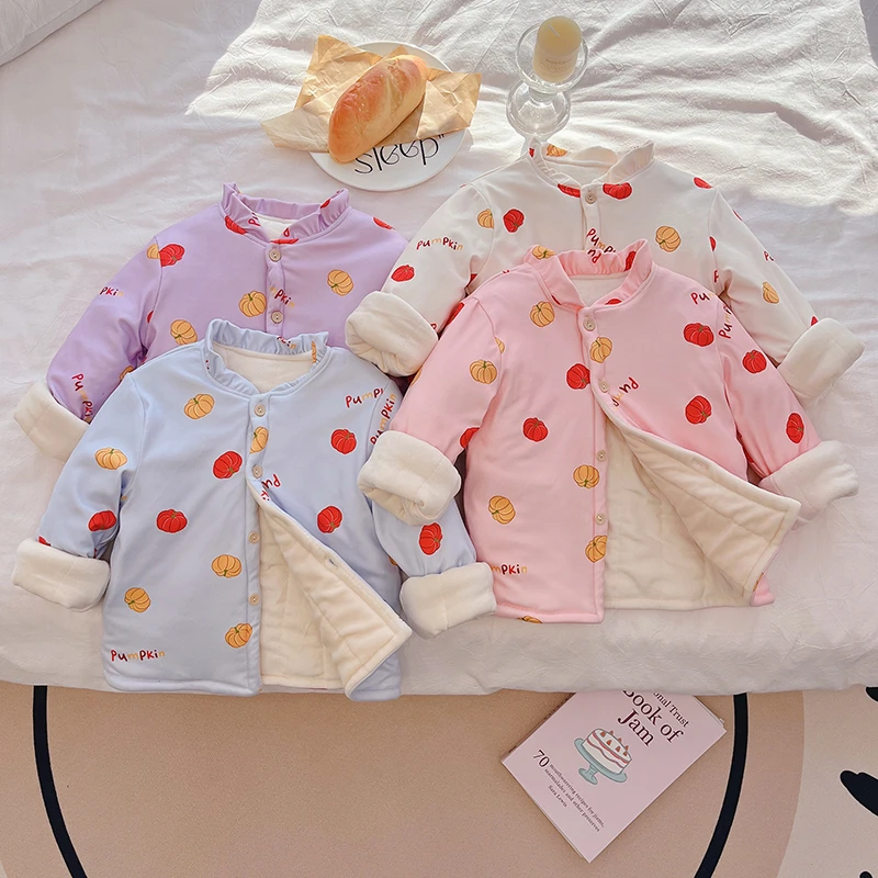 2024新款冬季三层夹棉加厚开衫男童女童甜美印花棉衣保暖宝宝冬装