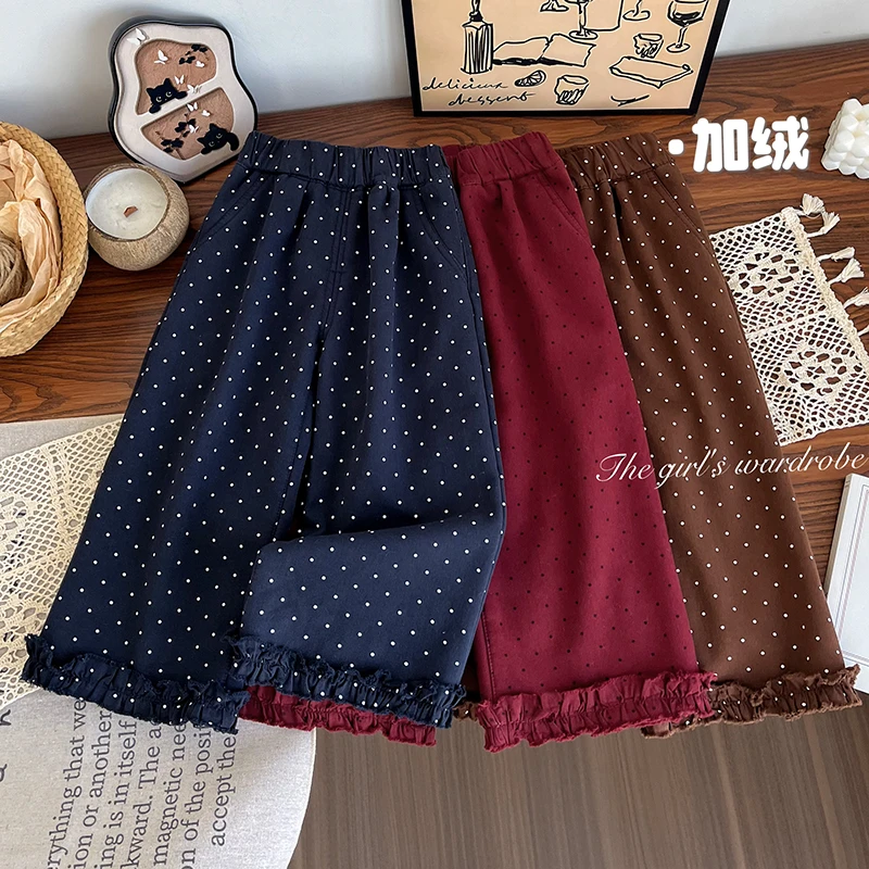 女童牛仔裤秋冬季新款加绒宽松直筒长裤百搭满印小花休闲阔腿裤潮