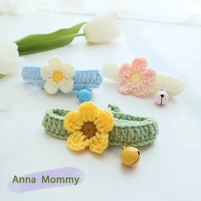 猫咪编织项圈花朵毛线围脖铃铛配饰针织领结可调节钩织狗项链饰品