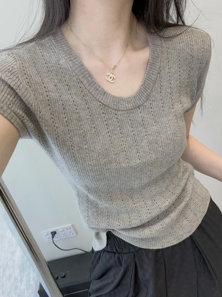 新款水滴领小香风针织短袖女2025夏季百搭修身显瘦镂空气质上衣潮