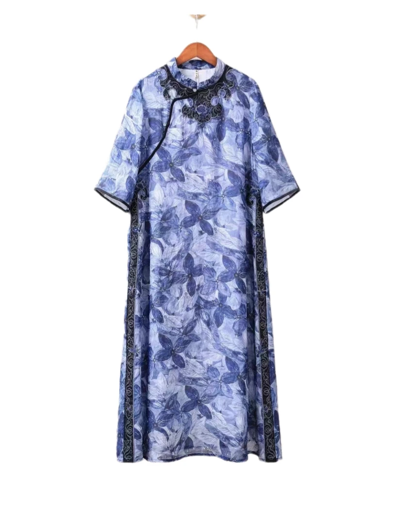 【清风明月】楚馨原创新中式国风刺绣蜡染蓝印花文艺苎麻短袖连衣裙