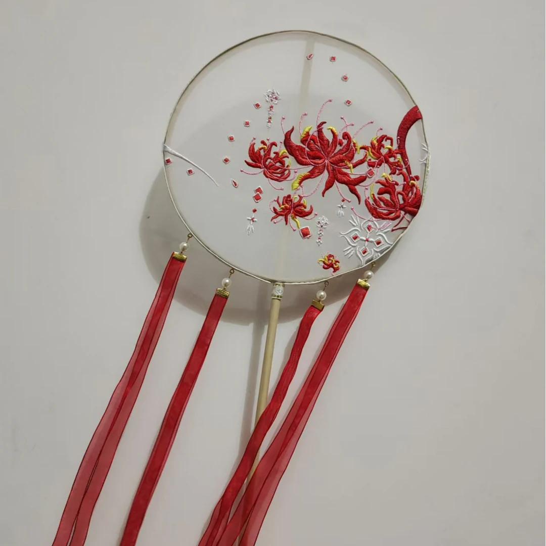 古风汉服团扇宫扇绣花扇子女式掌扇走秀拍摄跳舞蹈扇长柄扇