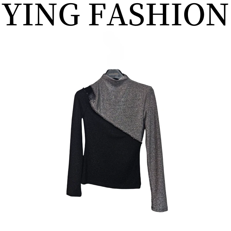 【YING FASHION】莹老板-时尚气质百搭露肩拼色上衣 8110102 272