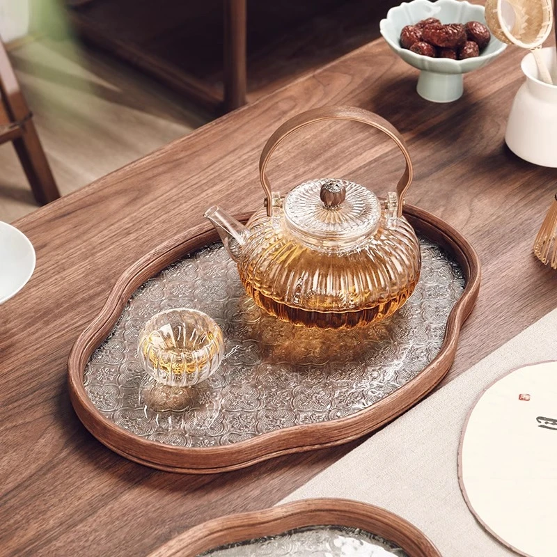 中式海棠花玻璃茶托盘家用复古竹制茶盘茶具茶几水果点心盘收纳盘