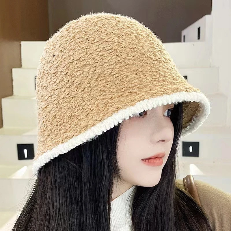 羊羔卷拼色盆帽女生气质素雅高级感帽显脸小渔夫帽秋冬渔夫帽推荐