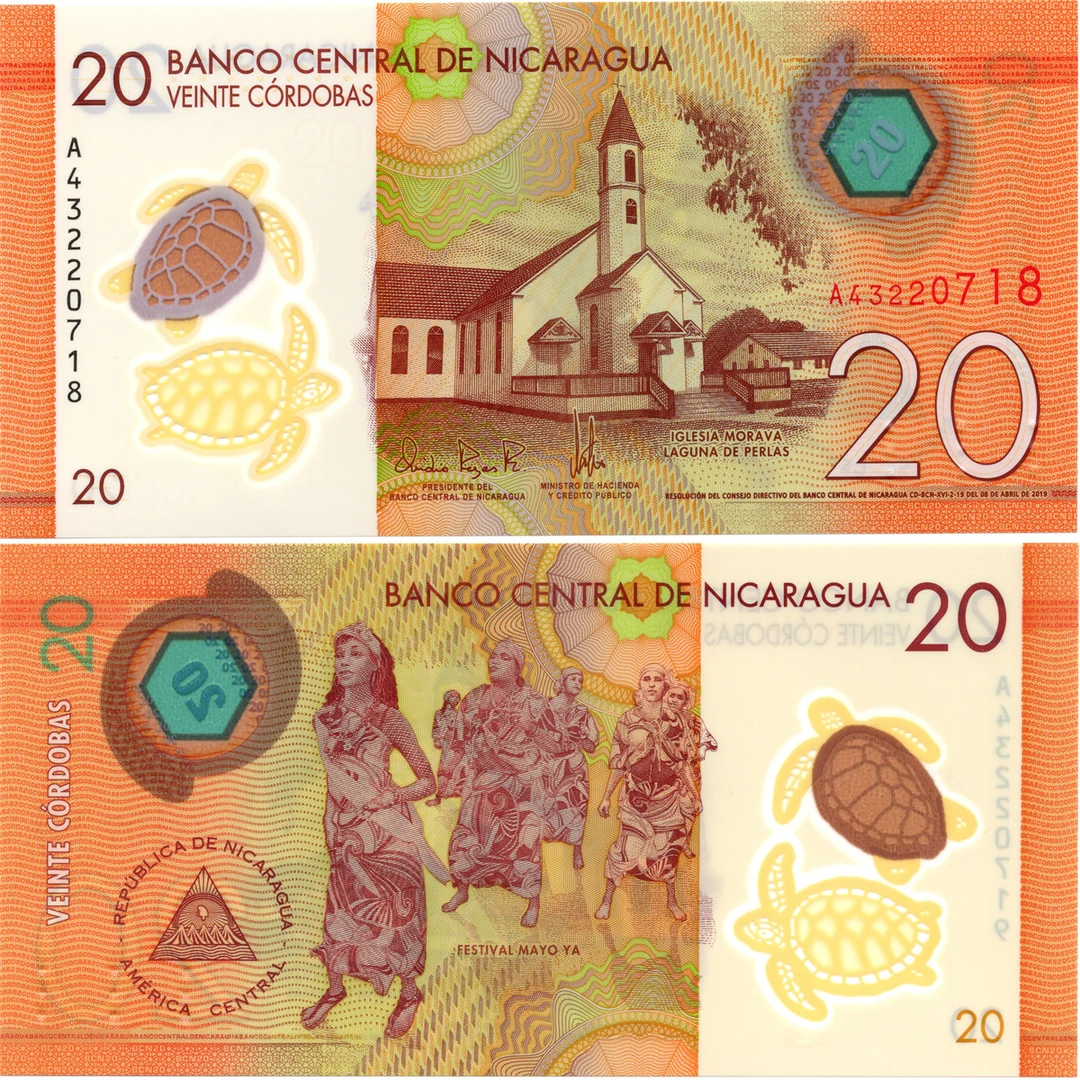 塑料钞尼加拉瓜20科多巴全新UNC纸币老纸钞外国钱币收藏